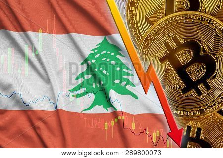 Lebanon Flag And Cryptocurrency Falling Trend With Many Golden Bitcoins