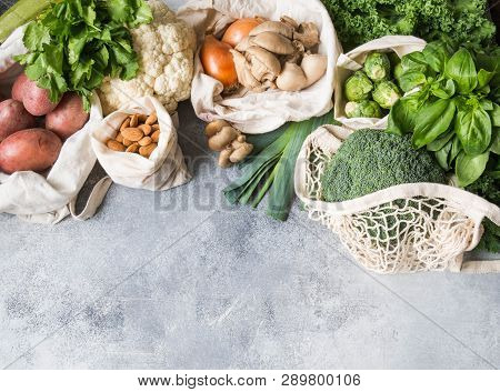 Healthy Vegan Ingredients For Cooking. Various Clean Wholesome Vegetables And Herbs In Woven Bags. P