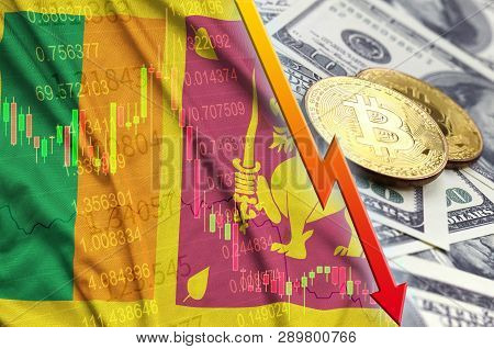 Sri Lanka Flag And Cryptocurrency Falling Trend With Two Bitcoins On Dollar Bills