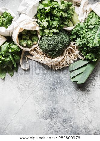 Healthy Green Vegan Ingredients For Cooking. Various Clean Green Vegetables And Herbs In Textile Bag