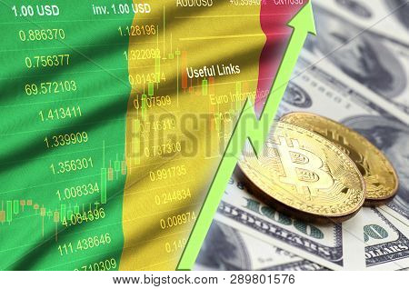 Mali Flag And Cryptocurrency Growing Trend With Two Bitcoins On Dollar Bills