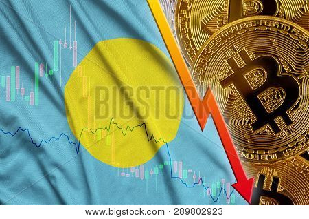 Palau Flag And Cryptocurrency Falling Trend With Many Golden Bitcoins