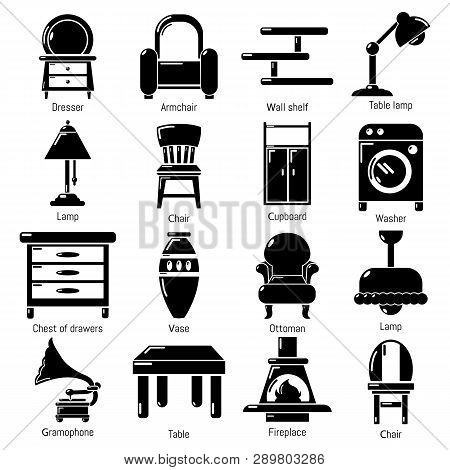 Interior Furniture Icons Set. Simple Illustration Of 16 Interior Furniture Icons For Web