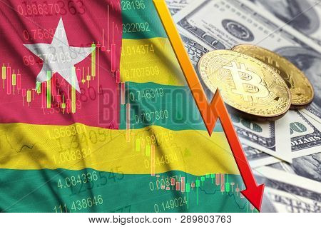 Togo Flag And Cryptocurrency Falling Trend With Two Bitcoins On Dollar Bills