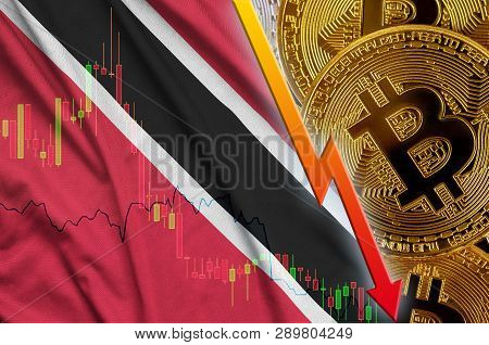 Trinidad And Tobago Flag And Cryptocurrency Falling Trend With Many Golden Bitcoins