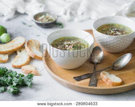 Green Vegetable Vegan Soup From Keil, Brussels Sprouts, Zucchini, Leek With Various Germinated Seeds