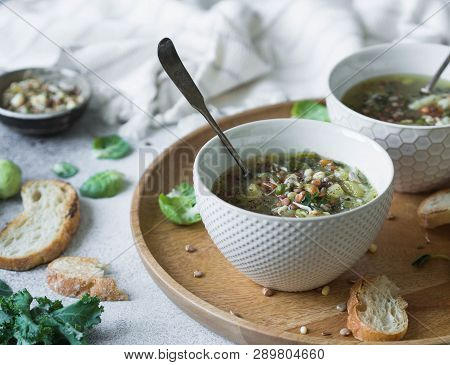 Green Vegetable Vegan Soup From Keil, Brussels Sprouts, Zucchini, Leek With Various Germinated Seeds