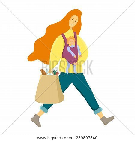 Happy Motherhood Concept. Mom With A Baby And Grocery Bag. Supermom, Busy Mother. Vector Illustratio