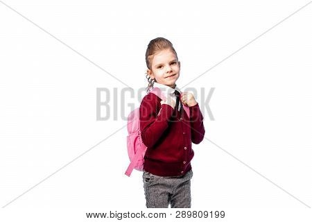 Back To School. Beautiful Little Girl Dressed Like A School Girl - In White Shirt, Red Blouse And Gr