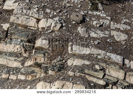 Shale Mountains Cement Pits. The Texture Of The Stone Wall. Large Stone Cracks, The Separation Of Th