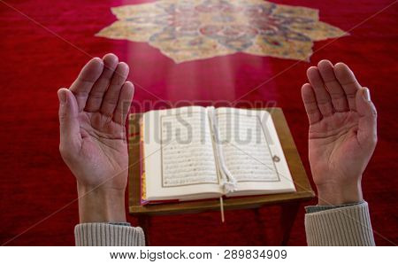 Muslim Man Praying Inside The Mosque. Religion Concept