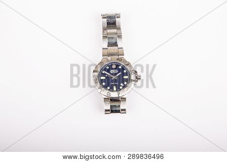 Atlanta, Georgia - April 1, 2017: A Silver Wenger Swiss Amry Watch On A White Background