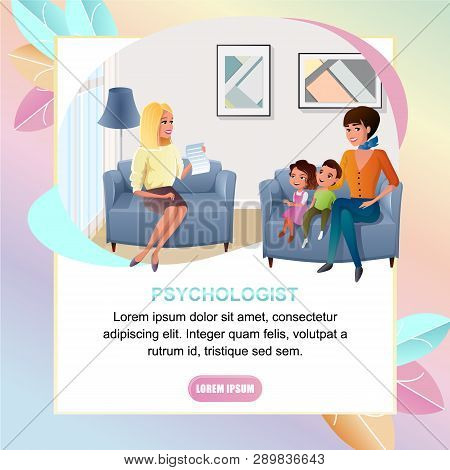 Family Psychologist Practice Online Consultation Cartoon Vector Square Web Banner. Mother Sitting In