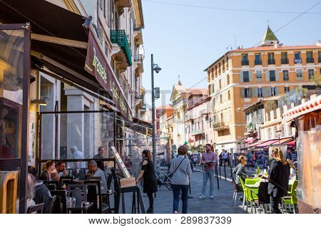 Nice, France - April 18 2017. Restaurant With Summer Terrace In Nice, French Riviera, France. Touris