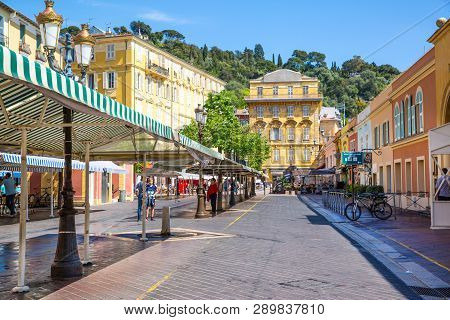 Nice, France - April 18 2017. Restaurant With Summer Terrace In Nice, French Riviera, France. Touris