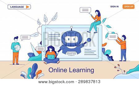 Web Page Chatbots Online Learning Data. Self Learning Virtual Assistants Welcoming On Pc Screen. Mal
