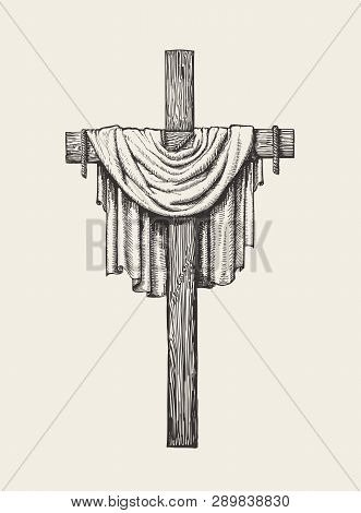 Crucifix, Cross And Shroud Hand Drawn. Religious Sign. Sketch Vector Illustration
