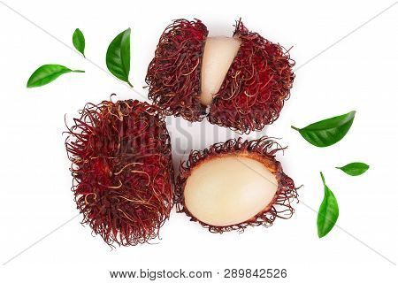 Rambutan With Leaves Isolated On White Background. Tropical Fruit. Nephelium Lappaceum. Top View. Fl