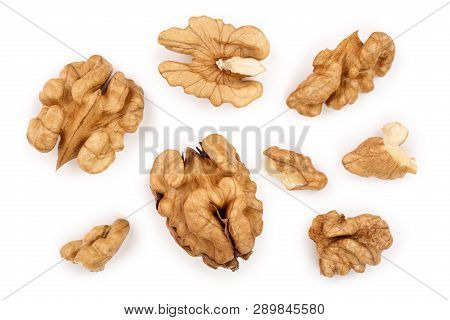 Peelled Walnuts Isolated On White Background. Top View. Flat Lay