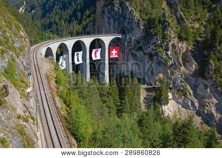 Famous Landwasser viaduct nearby Filisur town in the swiss alps