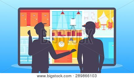 Two Security Guards Looking Monitor Screen Men In Uniform Standing Together Monitoring Cctv Cameras 