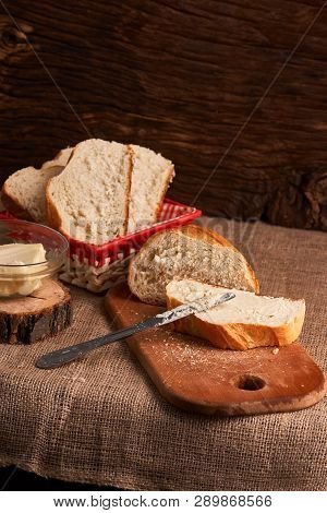 Breads And Butter Concept Of Teasty Home Food Close Up On Table