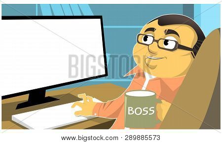 Cartoon Businessman In Suit Sitting At The Desk And Working On Computer, Back View.