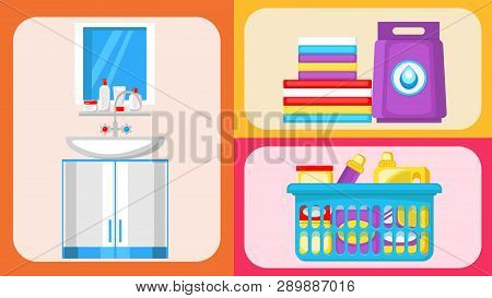 House Cleaning Supplies Flat Illustrations Set. Water Tap, Sink And Vanity Vector Clipart. Mirror An