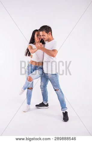 Passionate Couple Dancing Social Danse Kizomba Or Bachata Or Semba Or Taraxia On White Background