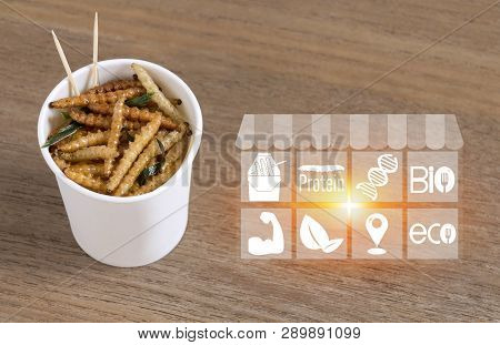 Bamboo Caterpillar Insects For Eating As Food With Icons Media Nutrition. Bamboo Worm Deep-fried Sna