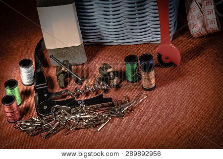 Soldier Toys With Bazooka Are Combined With Sewing Tools, Including Rolls Of Yarn, Clips And Cork Op