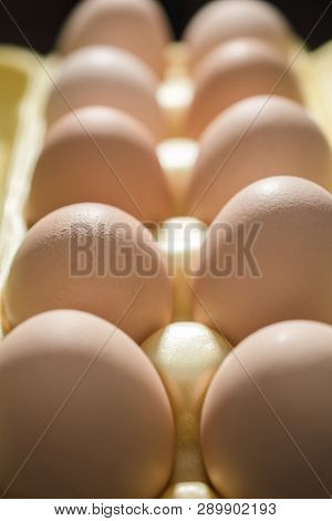 Chicken Eggs Lie In A Yellow Plastic Tray.