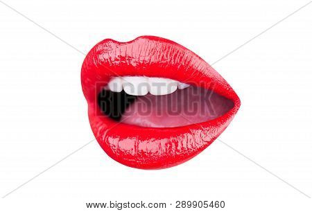 Lips, Tongue And Teeth Of A Young Girl With A Red Lipstick. Lips Mouth, Set Of Three Sexy Female Lip