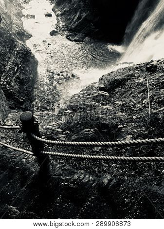 Black And White Picture Of The Cord Handrail And The Rock Stairway Of The Kaminaridaki Waterfall In 