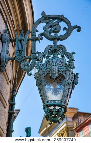 Nice, France - April 18 2017. Beautiful Street Lantern Made By Copper In Nice, French Riviera, Franc