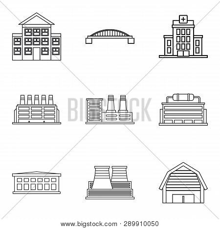 Frontage Icons Set. Outline Set Of 9 Frontage Icons For Web Isolated On White Background