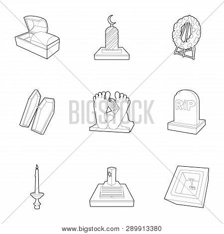 Exequies Icons Set. Outline Set Of 9 Exequies Icons For Web Isolated On White Background