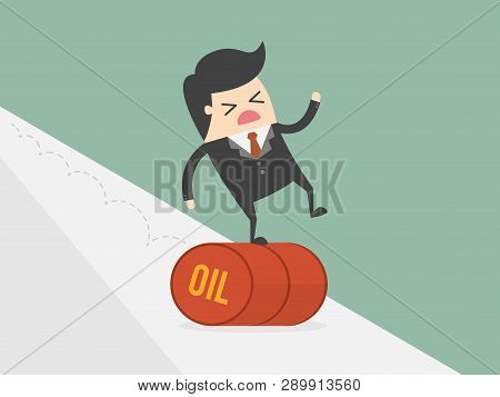 Businessman Balancing On Oil Barrel Rolling Downhill. Business Concept Cartoon Illustration.