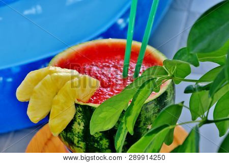 Exotic Cocktail With Watermelon And Pineapple With Tubules