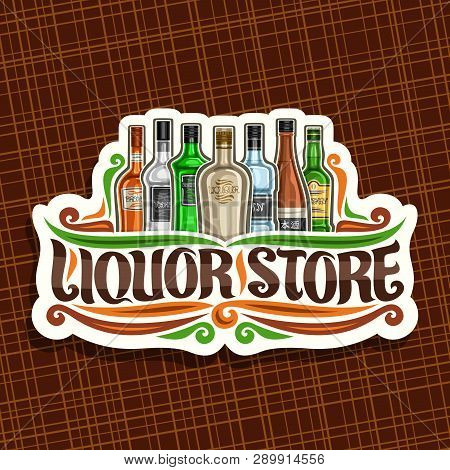 Vector Logo For Liquor Store, White Decorative Sign Board For Department In Hypermarket With 7 Varie