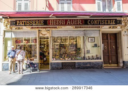 Nice, France - April 18 2017. Shop Window Of Patisserie In Nice, France Riviera, France. Beautiful F
