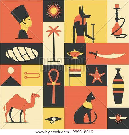Egypt, Vector Flat Illustration, Icon Set, Travel Background, Pattern. Pharaoh, Sun, Palm Tree, Hook