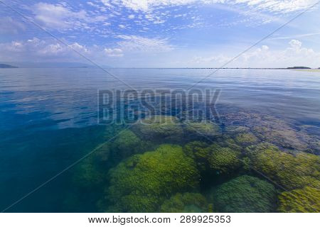 Beautiful Coral Reef During Low Tide Water In The Sea Beautiful Light Sunrise Dramatic Sky Over Sea 