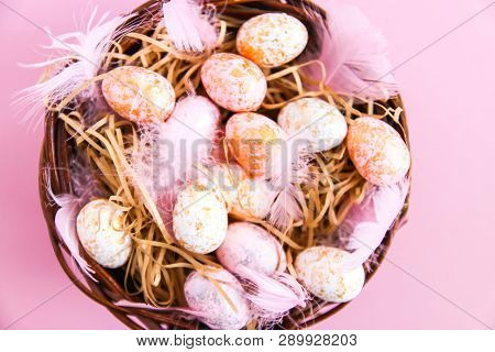 Easter Composition With Traditional Decor. Small Deon Pink Light Background.corative Colorful Eggs A