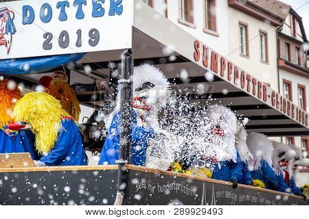 Basel, Switzerland - March 11, 2019: Participants At The Parade Of The Carnival Of Basel. The Carniv