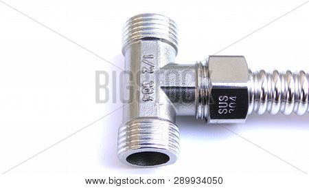 Stainless Steel Tee Fittings Isolatedon White Background