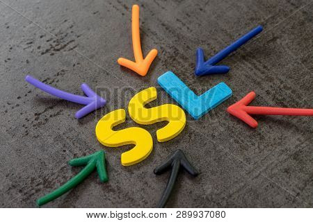 Ssl, Secure Sockets Layer Concept, Multi Color Arrows Pointing To The Word Ssl At The Center Of Blac