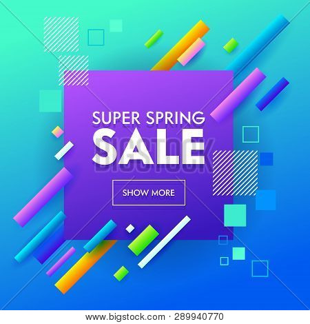 Super Sale Banner Geometric Design For Online Shop App. Small Square Colorful Line Image On Blue Bac