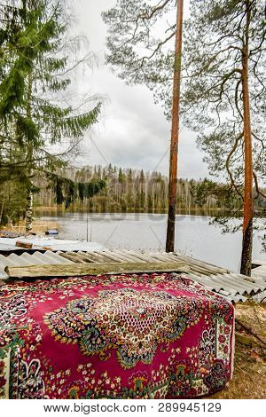 Forest Landscape With Old Carpet And Lake View