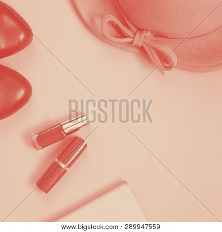 Pair Of Black Shoes Grey Notebook And Grey Lady Falt Hat With Bowknot On Edges And Bright Red And Na